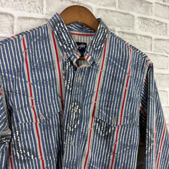 Wrangler Vtg 90s Cowboy Cut Striped Western Button Down Shirt Mens 15.5 X-LONG - Picture 2 of 7